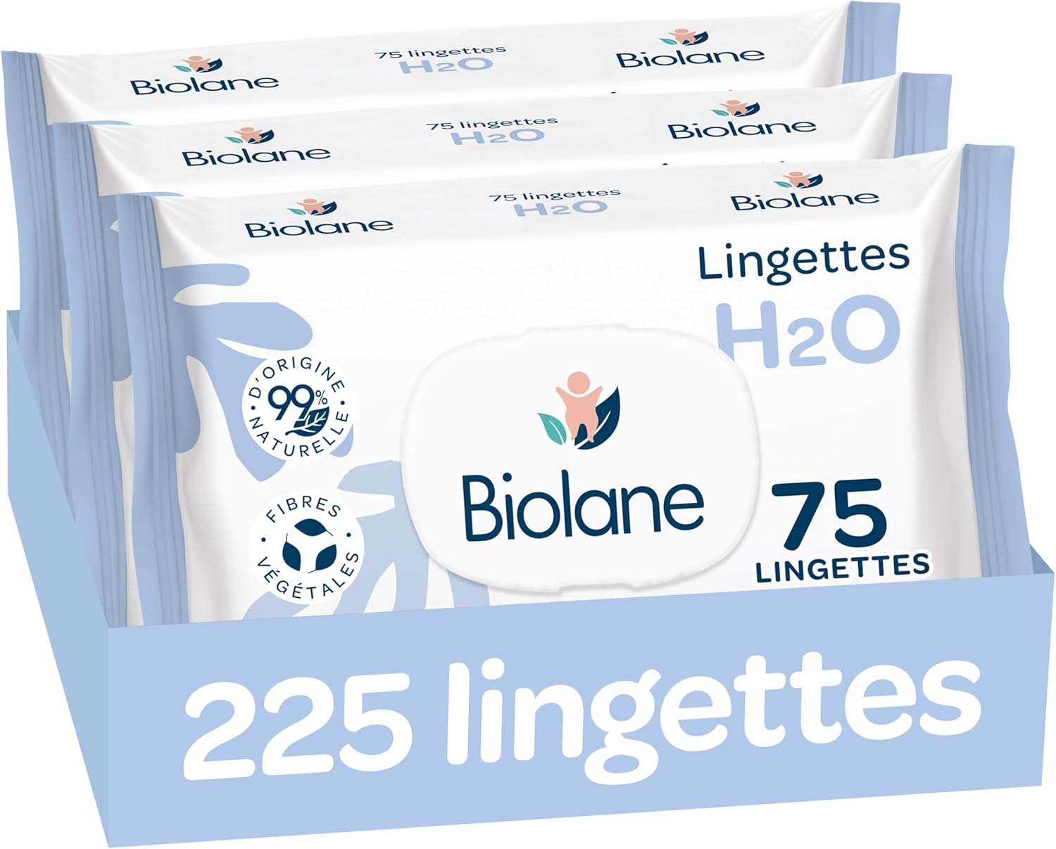 BIOLANE - Lingettes bébé à l'eau - 225 Lingettes - Lot de 3x75 - Nettoyage doux et efficace - Sans Rinçage - Dès la naissance