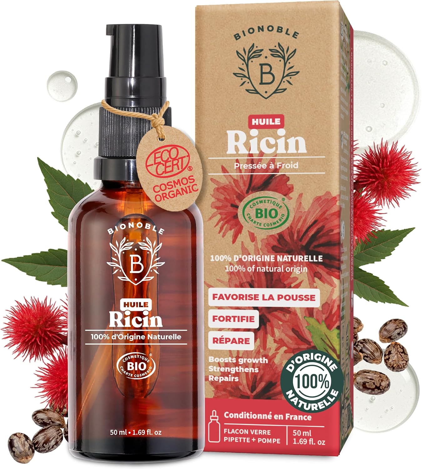 BIONOBLE Huile de Ricin Bio Pressée à Froid, 100% Naturelle - Favorise la Pousse, Répare - Huile de Ricin pour Cheveux, Cils, Sourcils - Castor Oil - Flacon Verre, Pipette, Pompe - 50ml