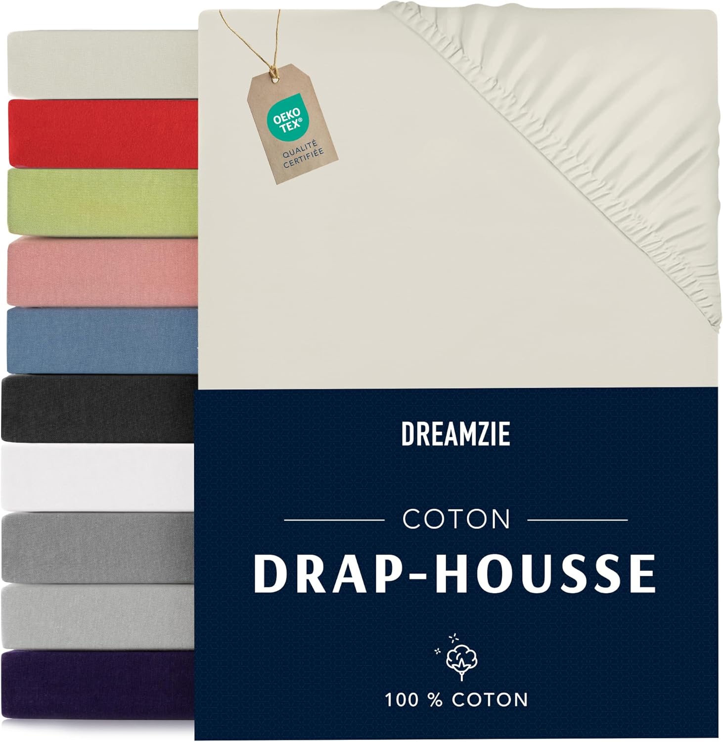 Dreamzie - Drap Housse 160 x 200 - Beige - 100% Jersey Coton Certifié Oeko Tex - Drap Housse 160x200 Coton