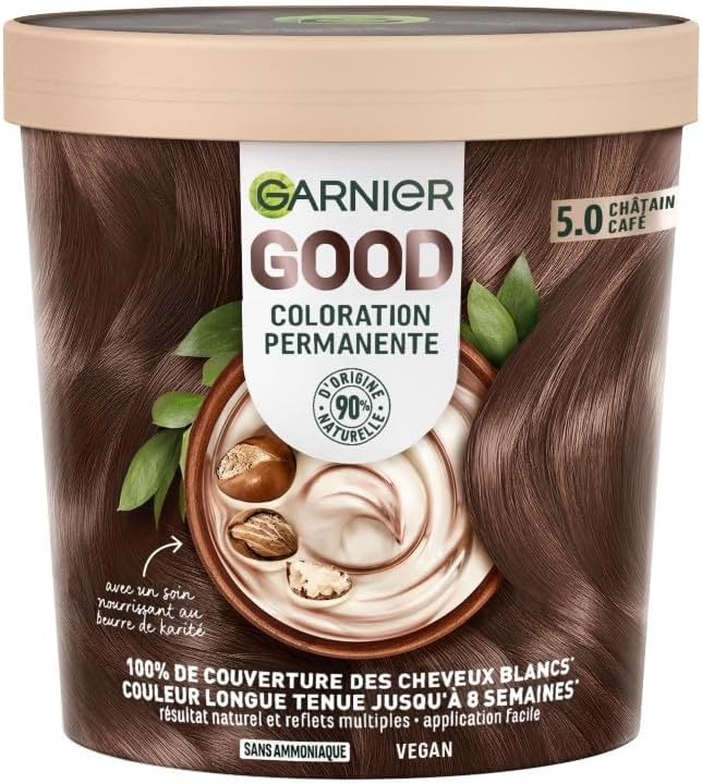 Garnier - Coloration Permanente - Sans Ammoniaque - 90% d'Ingrédients d'Origine Naturelle et Formule Vegan - Beurre de Karité - 100% Couverture Cheveux Blancs - Châtain Clair Café (5.0) - Good