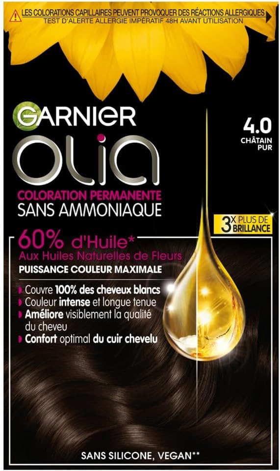 Garnier Coloration Permanente - Sans Ammoniaque - Aux Huiles Naturelles de Fleurs - Châtain Pur (4.0) - Olia