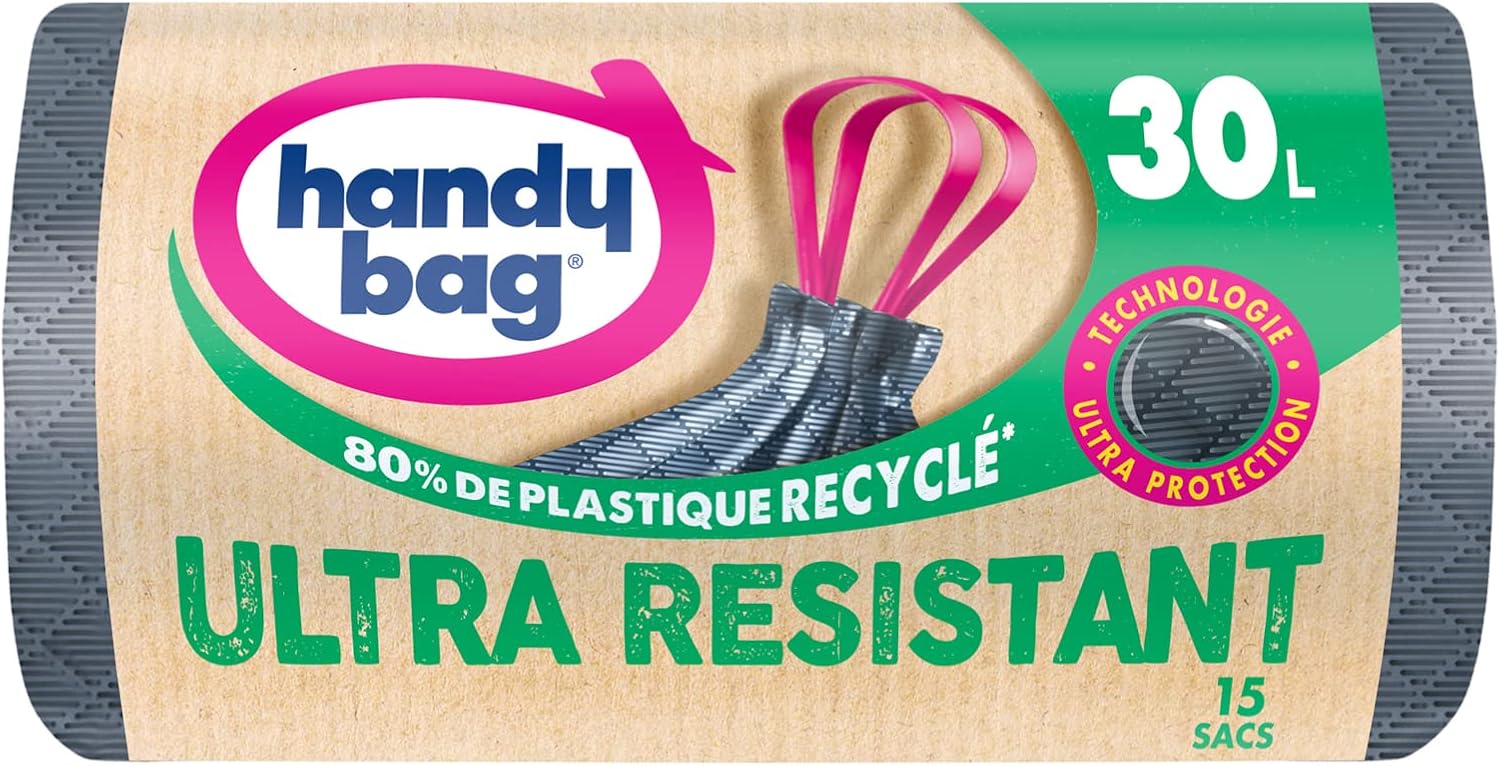 Handy Bag - Sacs poubelle à poignées coulissantes Ultra Résistant 30L x 15 sacs - Ultra Protection : trame et film triple épaisseur - Fond anti-fuite - Étanchéité maximale - 100% plastique recyclé