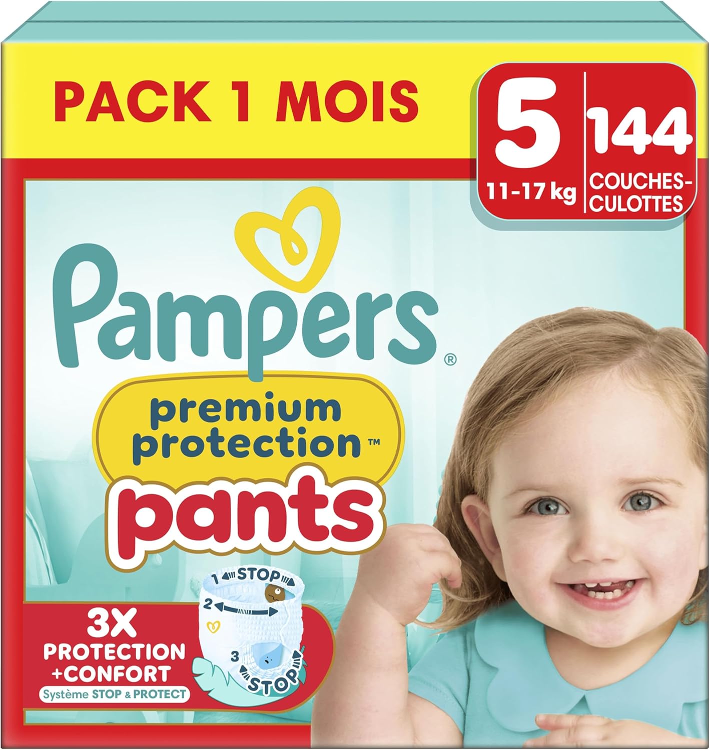 Pampers Premium Protection Pants, Size 5, 144 Nappies, 11-17 kg, Our Best Comfort & Protection, 360° Support Against Leaks and Ultra-Soft Materials, Pack 1 Month