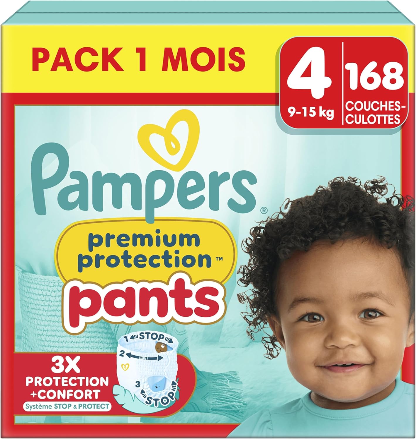 Pampers Premium Protection Pants, Taille 4, 168 Couches-Culottes, 9-15kg, Notre Meilleur Confort & Protection, Maintien 360° Contre Les Fuites et Matières Ultra-Douces, Pack 1 Mois