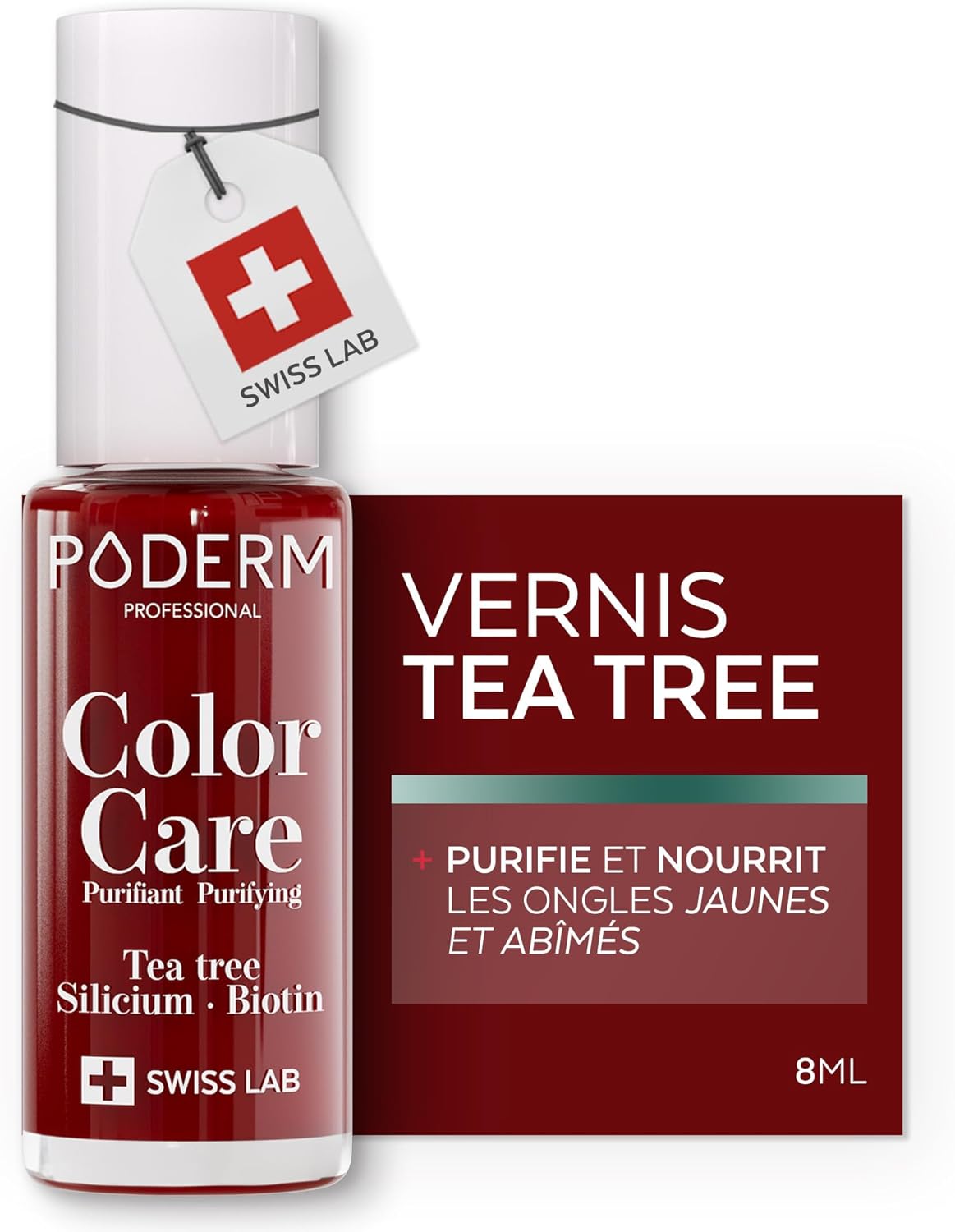 PODERM Vernis Soin au Tea Tree - Rouge Allure | Swiss Lab - 8ML | Enrichis en Tea Tree, Silicium & Biotine | Purifie, Clarifie & Nourrit les Ongles Jaunes et Abîmés | Créé par une Podologue
