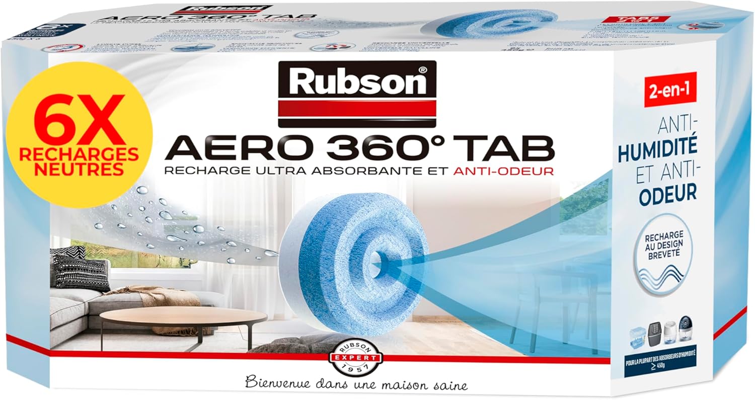 Rubson AERO 360° TAB, recharges en tabs neutres pour absorbeur d'humidité, ultra absorbantes et anti odeurs recharges pour déshumidificateurs AERO 360°, 6 x 450 g