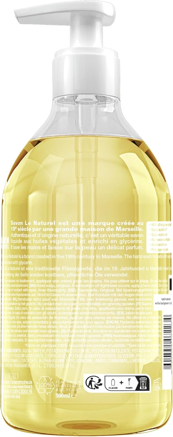 Savon Le Naturel - Savon Liquide Extra Pur de Marseille - Origine Naturelle - Huiles Végétales et Glycérine - Tous Types de Peau - Sans Colorants - Antibactérien - 500 ml