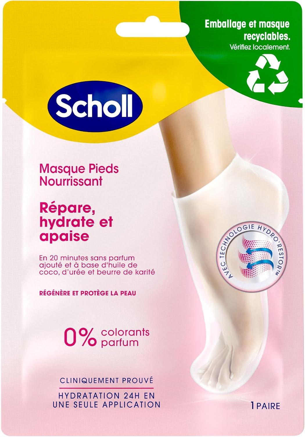 Scholl Masque Pieds Nourrissant à l'Huile de Noix de Coco: Sans parfum ni colorants pour peaux sèches. Chaussettes hydratantes non grasses, faciles à utiliser. Emballage et masque recyclables, 1 paire
