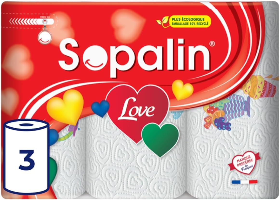 SOPALIN Love – 3 Rouleaux de Essuie-tout cuisine, Décoré, Texture en forme de cœur, Double épaisseur, Blanc