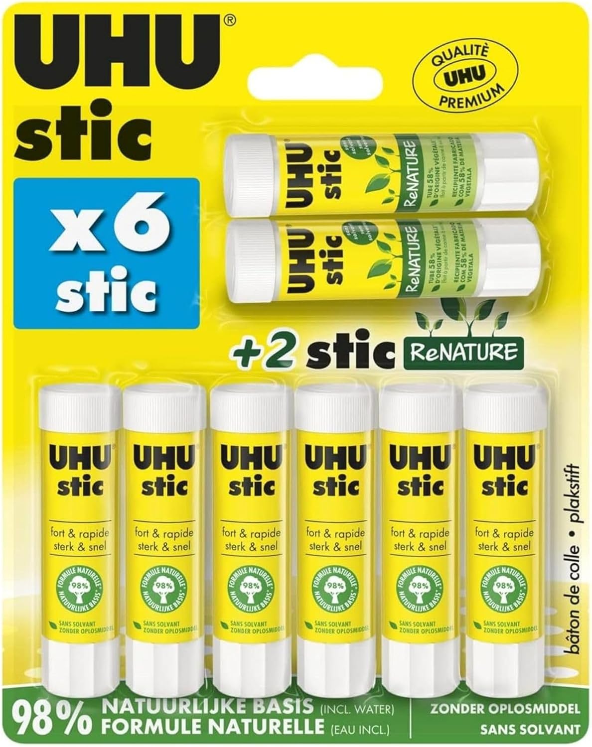 UHU Stic - Bâton de Colle Sans Solvants - Colle Enfant, Loisirs Créatifs, Bureau, Maison, École - Blanche - Fournitures de Bureau - Lot de 6 Stics de 8,2 g + 2 Stics Renature de 8,2 g