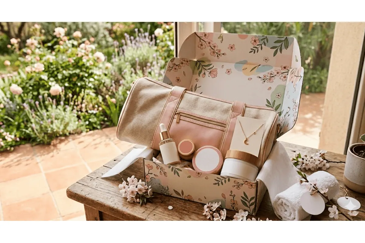 Box beauté ouverte contenant plusieurs soins et accessoires