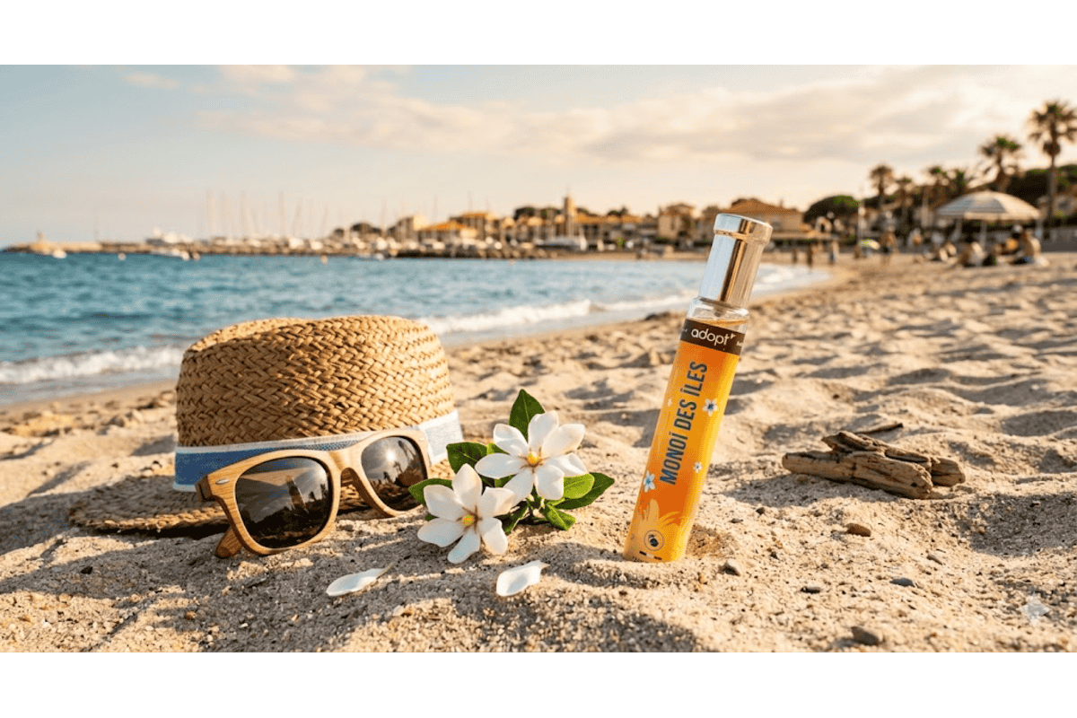 Adopt Monoï des Îles flacon orange plage sable chapeau paille lunettes bois fleurs tiare bois flotté coucher de soleil
