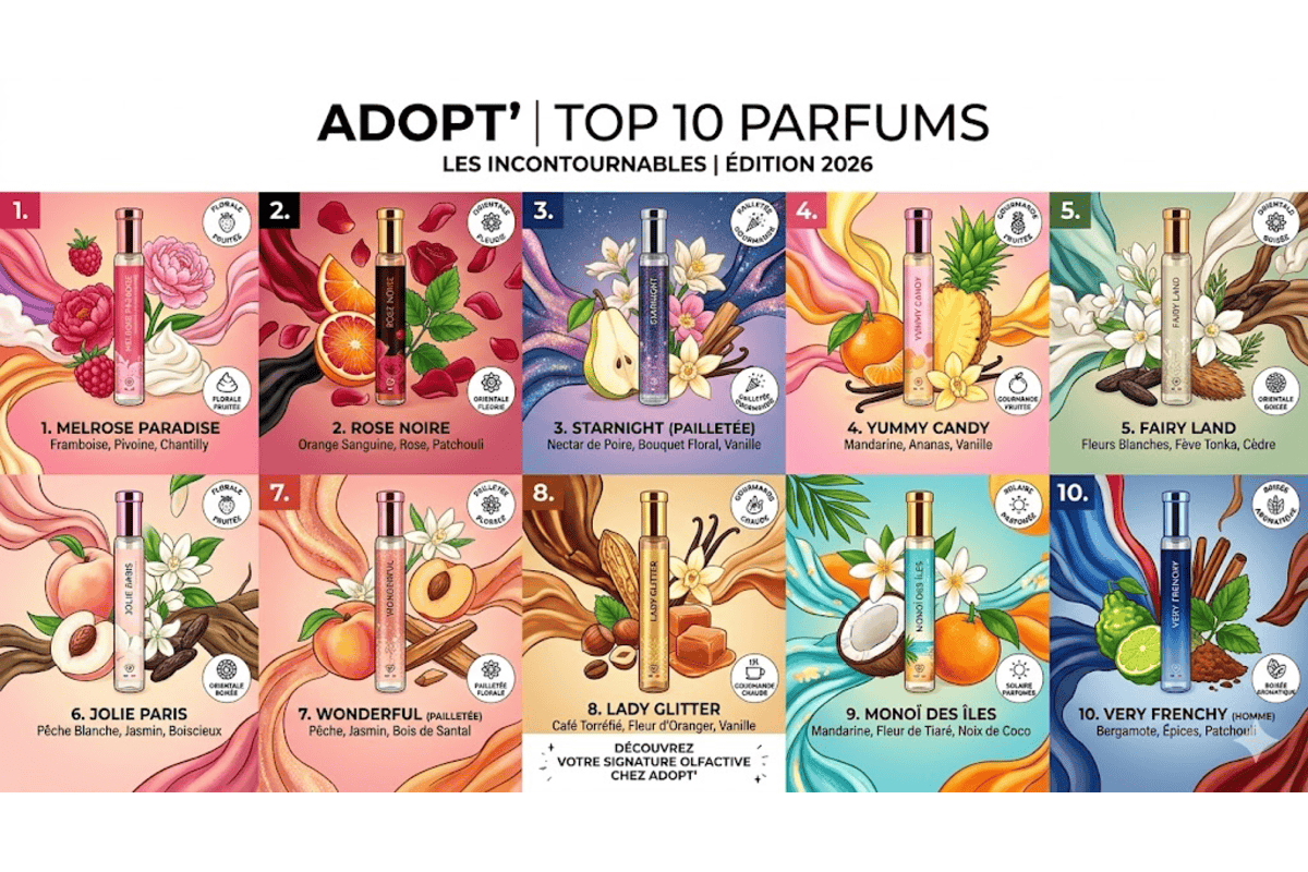 Affiche Adopt top 10 parfums incontournables édition 2026 grille colorée flacons Lady Glitter Fairy Land Monoï