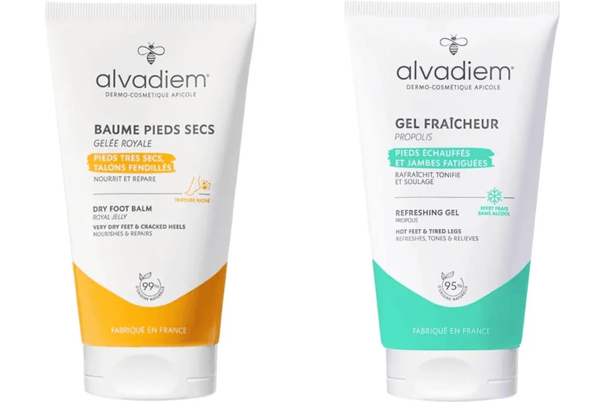 Deux soins pieds Alvadiem à base d'actifs de la ruche : le baume pieds secs à la gelée royale et le gel fraîcheur à la propolis