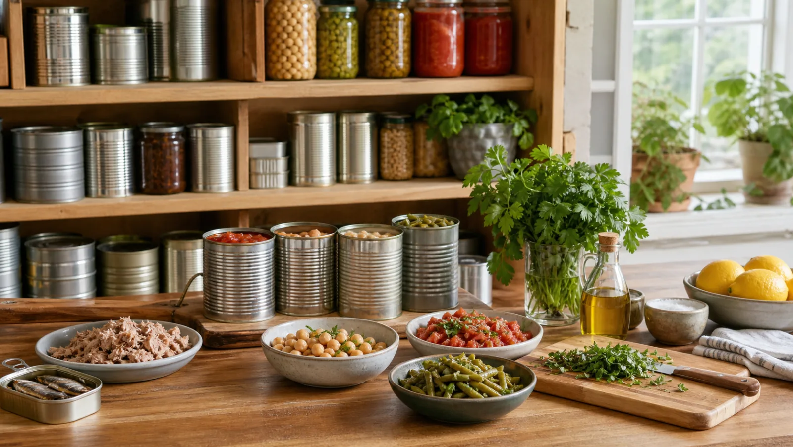 Conserves et ingrédients préparés dans un garde-manger organisé