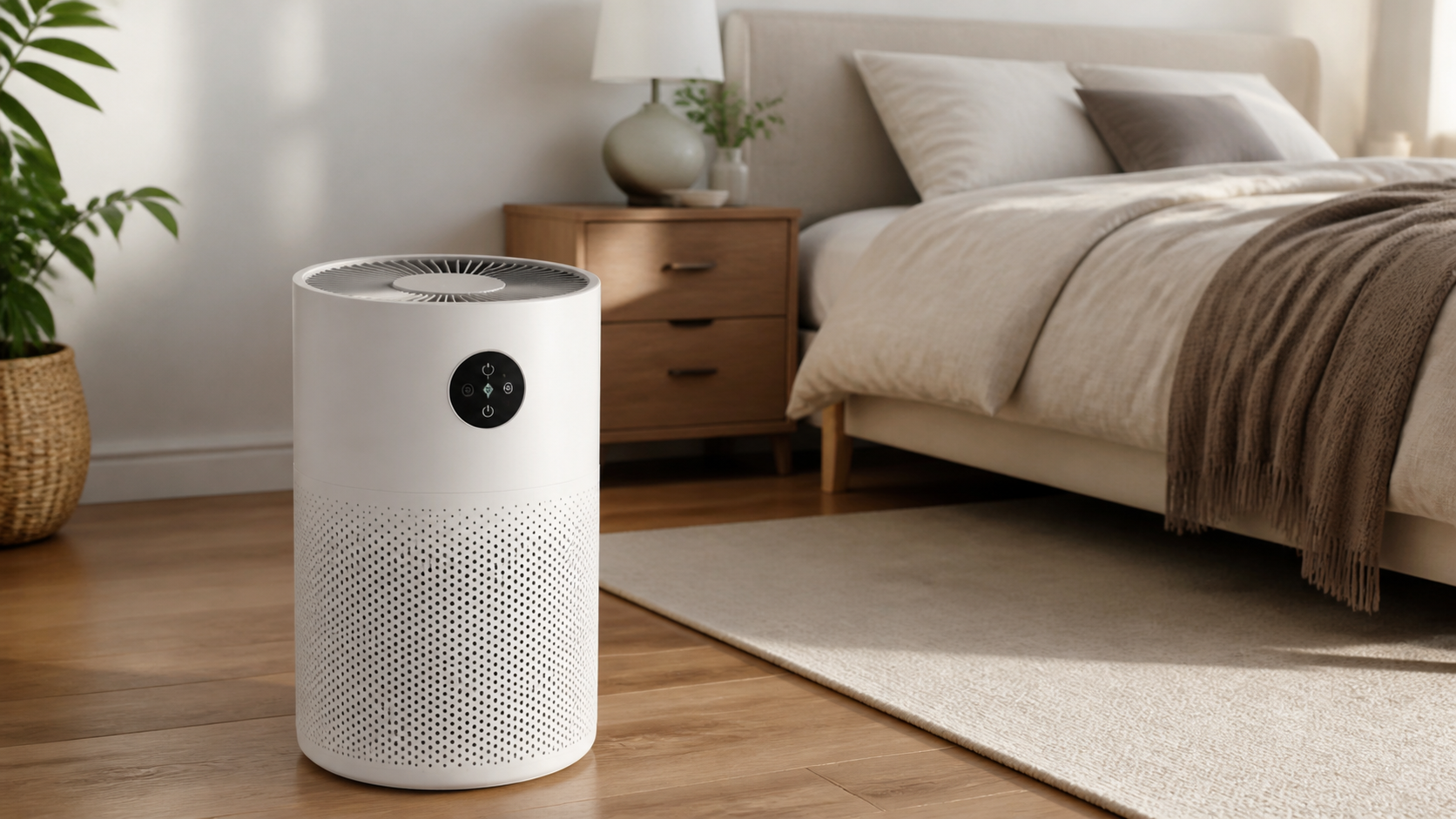 Purificateur d'air blanc compact dans une chambre lumineuse