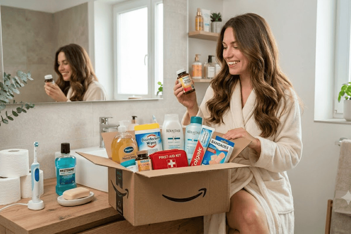 Amazon Hygiène et Santé — best-sellers dès 2€ : brosse à dents électrique Oral-B, bain de bouche Listerine, gel douche Dove, dentifrice Elmex, vitamines, premiers secours, sérum physiologique Physiodose (femme déballe colis Amazon hygiène dans salle de bain)