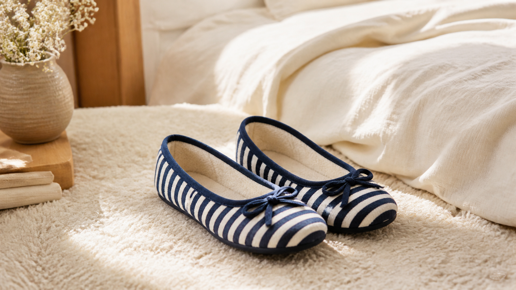 Paire de chaussons ballerines femme à rayures bleu marine et blanc