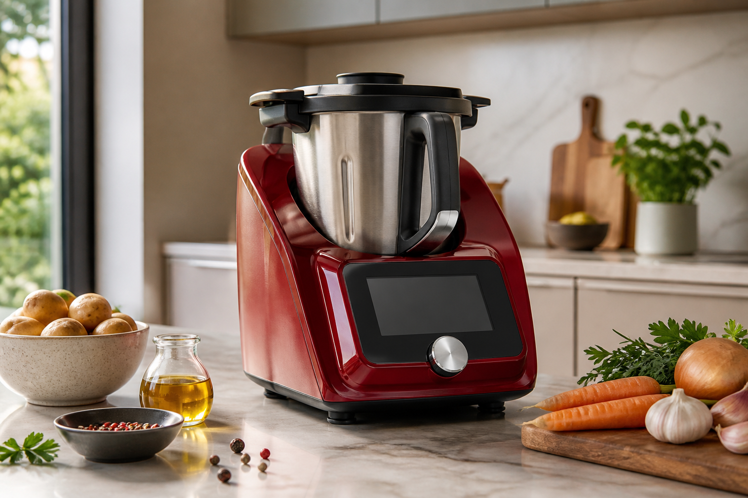 Robot cuiseur multifonction rouge avec bol en inox