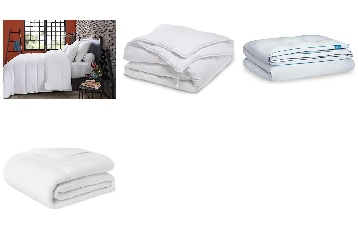 Quatre couettes du comparatif: Dodo Multi Protect, Bleu Câlin 4 saisons, Simba Hybrid et Amazon Basics