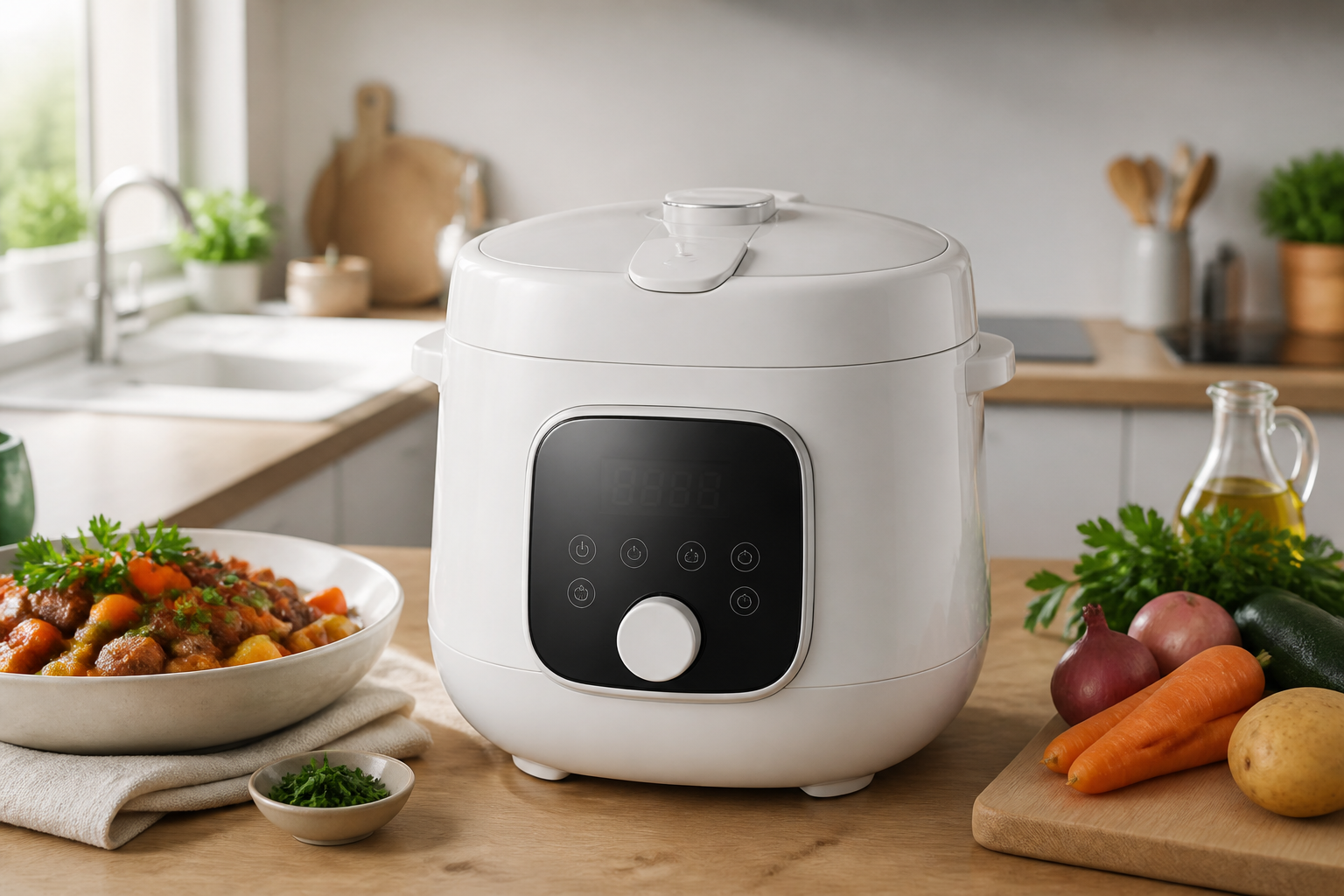 Multicuiseur intelligent blanc dans une cuisine familiale