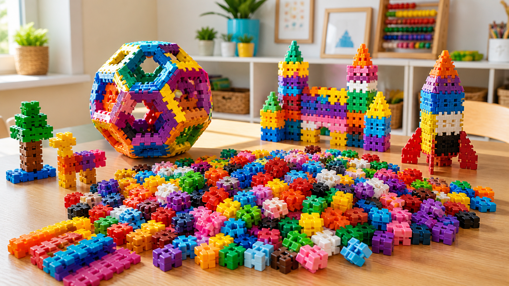 Pièces de jeu de construction colorées et créations assemblées sur une table