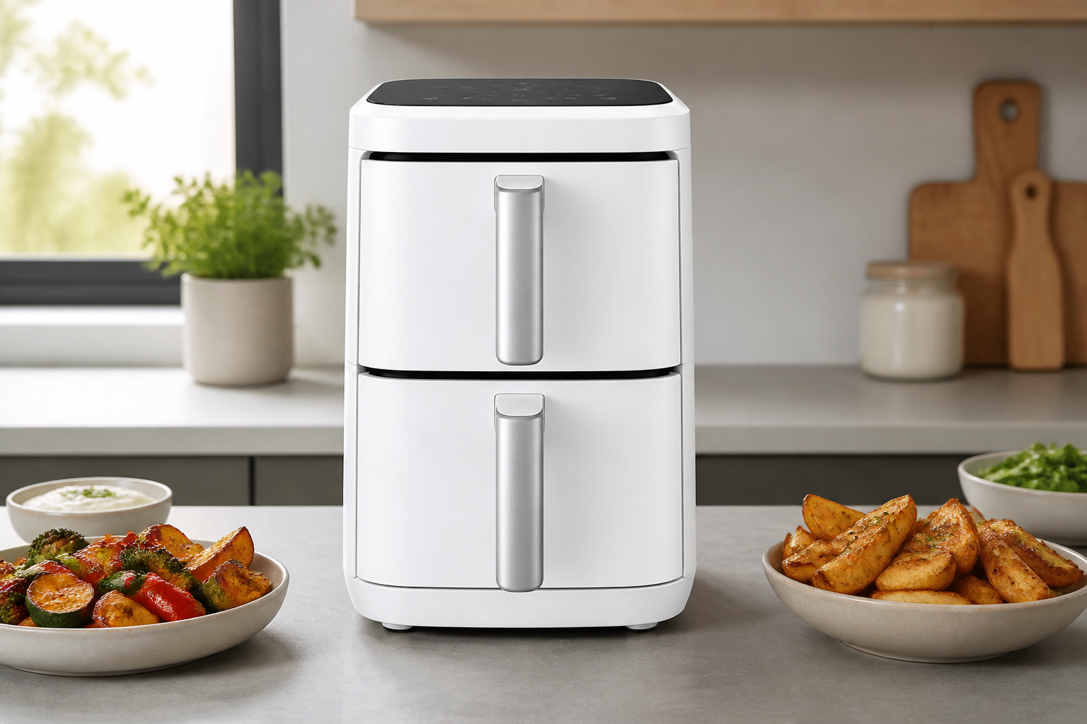 Friteuse sans huile blanche verticale avec deux tiroirs superposés