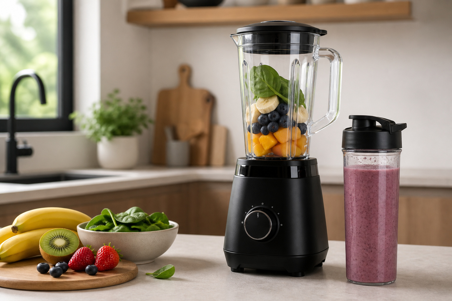 Blender noir avec grand bol transparent et gourde à smoothie