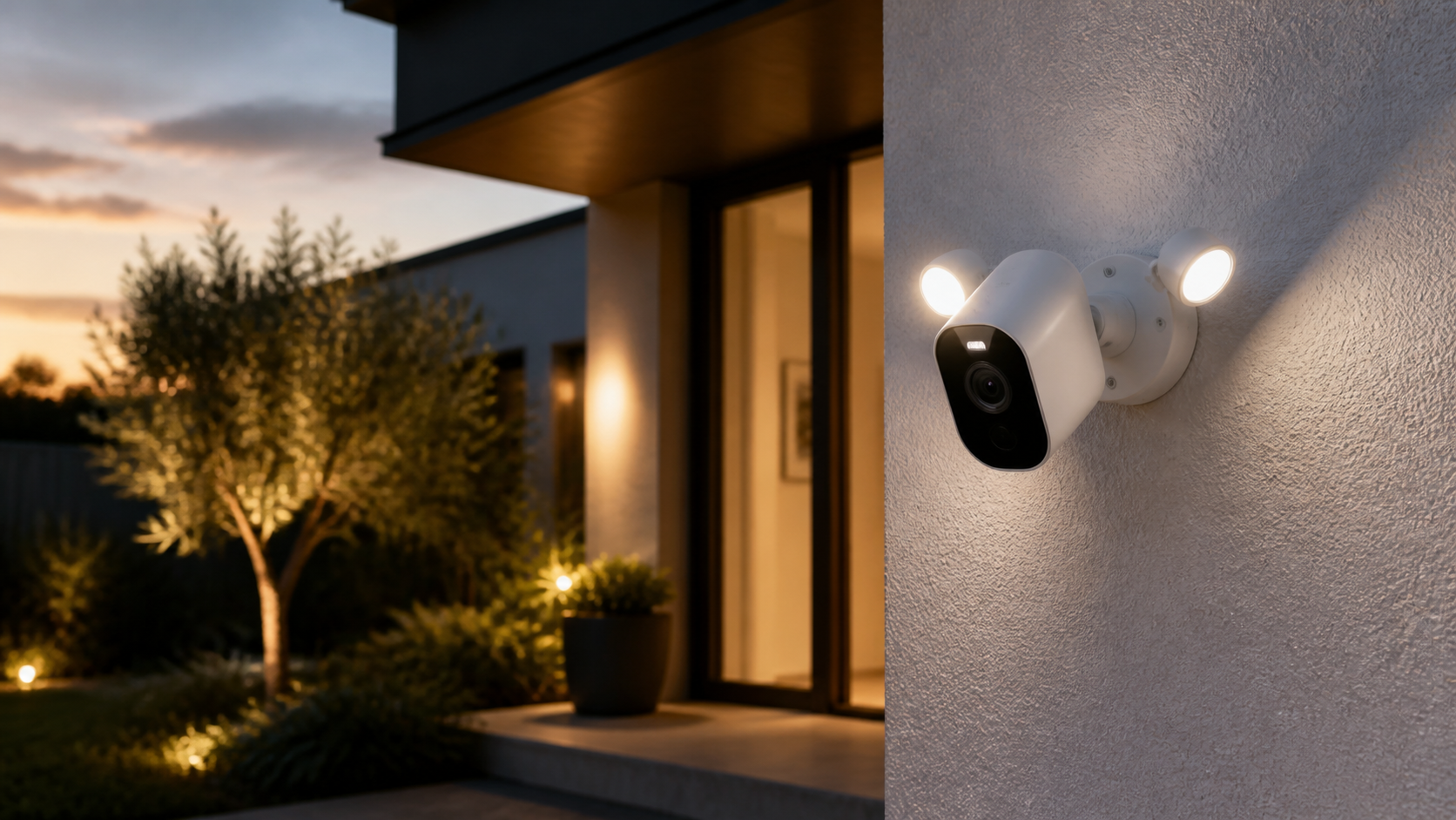 Caméra de surveillance extérieure avec projecteurs LED installée à l'entrée d'une maison