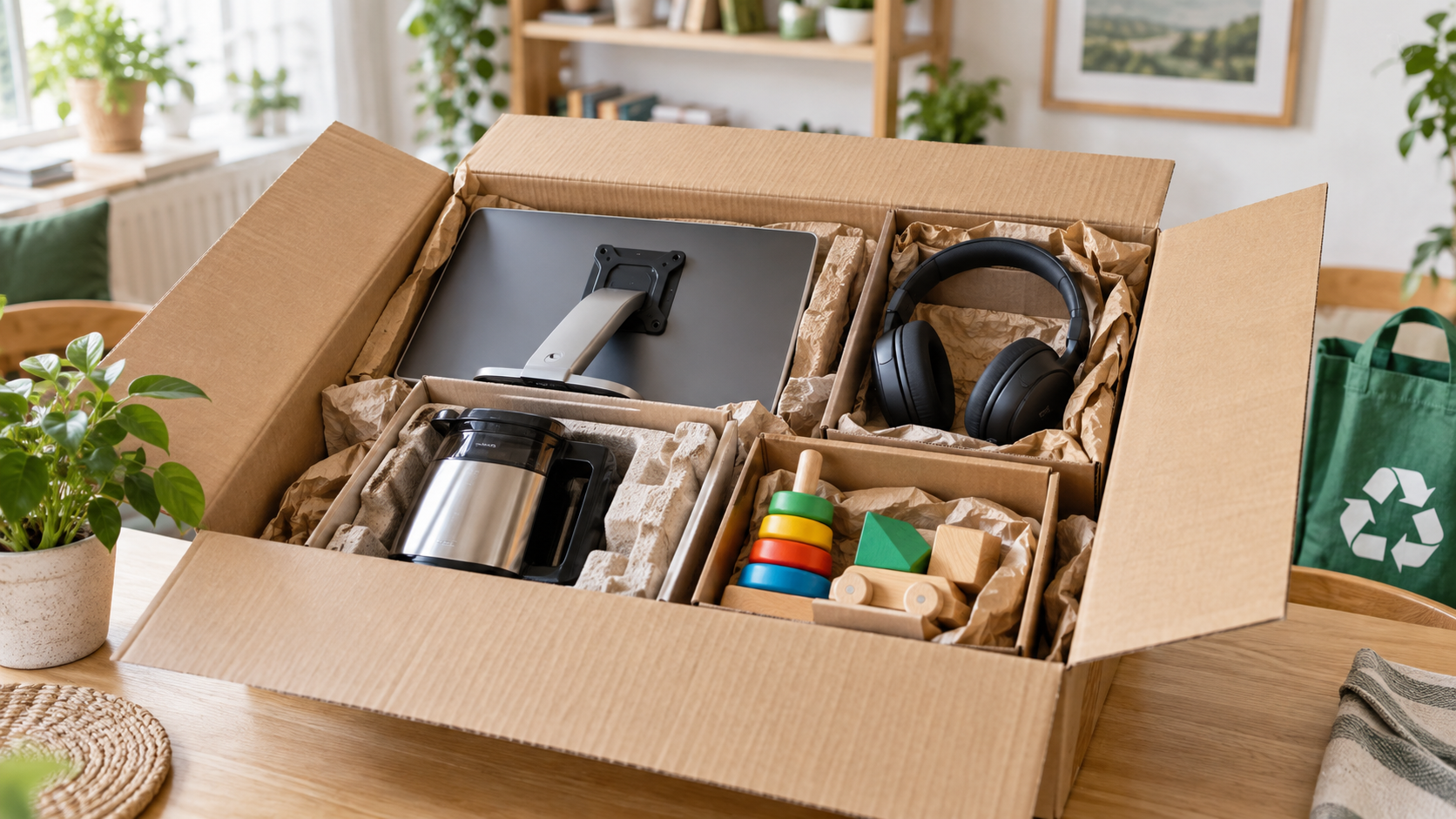 Produits électroniques, électroménager et jouets soigneusement reconditionnés dans un carton