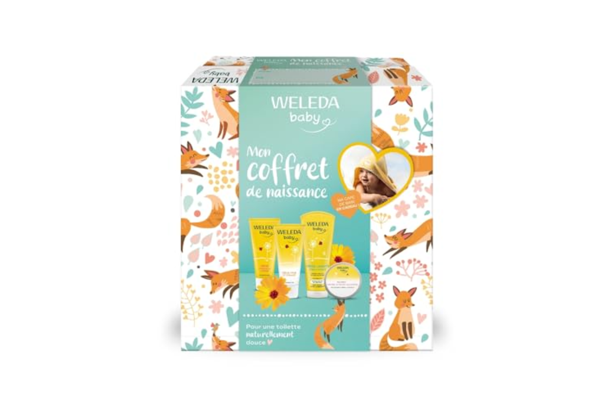 Coffret naissance Weleda avec soins bébé au calendula et cape de bain