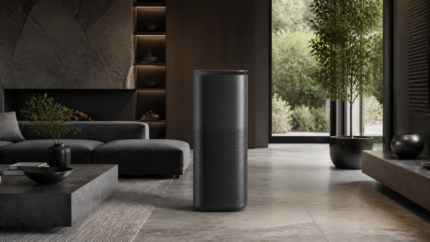Grand purificateur d'air sombre dans un salon contemporain