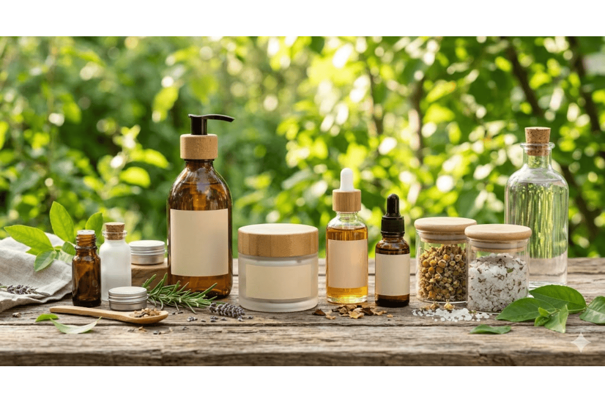 Flacons cosmétiques bio table bois pots bambou pipettes camomille lavande romarin sel fond végétal nature