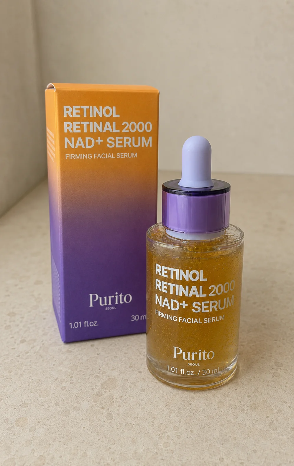 Flacon et boîte du Purito Seoul Retinol Retinal 2000 NAD+ Serum 30 ml reçus via YesStyle