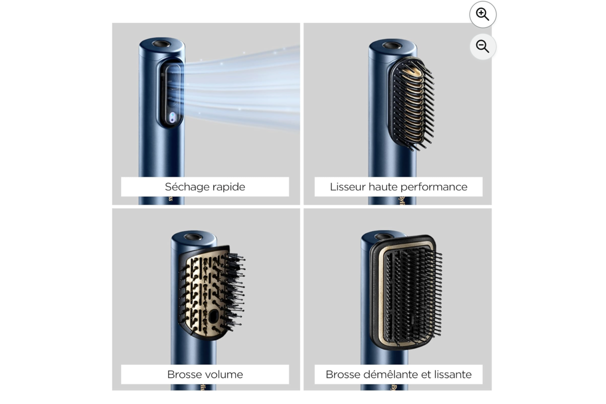 Les 4 fonctions du BaByliss Air Wand : séchage rapide, lisseur, brosse volume et brosse démêlante