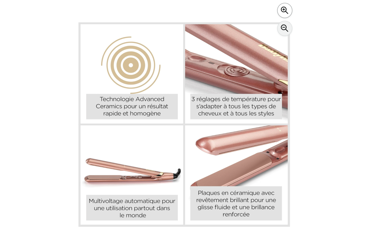 Les fonctionnalités du lisseur BaByliss Rose Gold : Advanced Ceramics, 3 températures, multi-voltage, plaques céramique brillantes