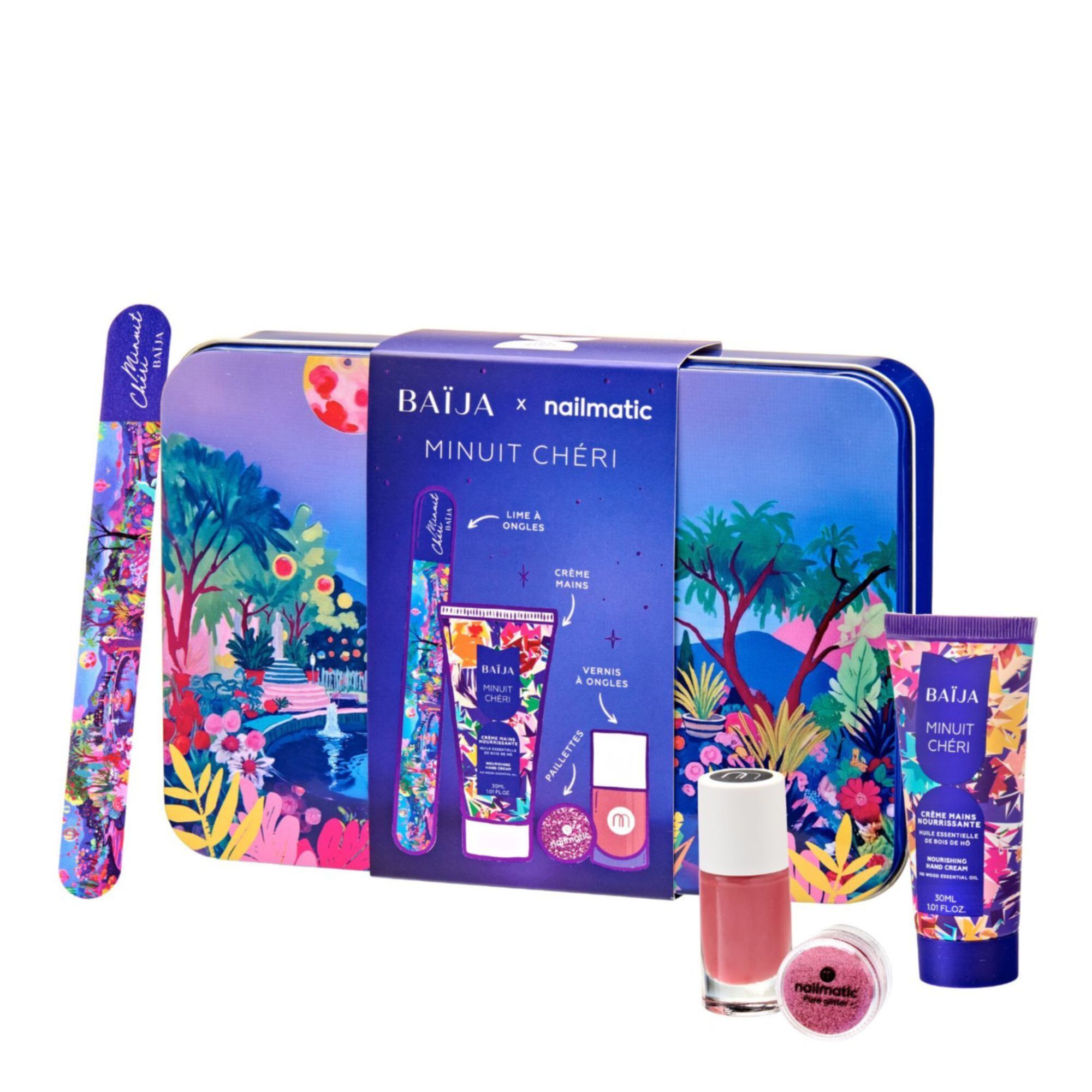 Coffret Baïja Minuit Chéri avec crème mains, vernis, lime à ongles et paillettes