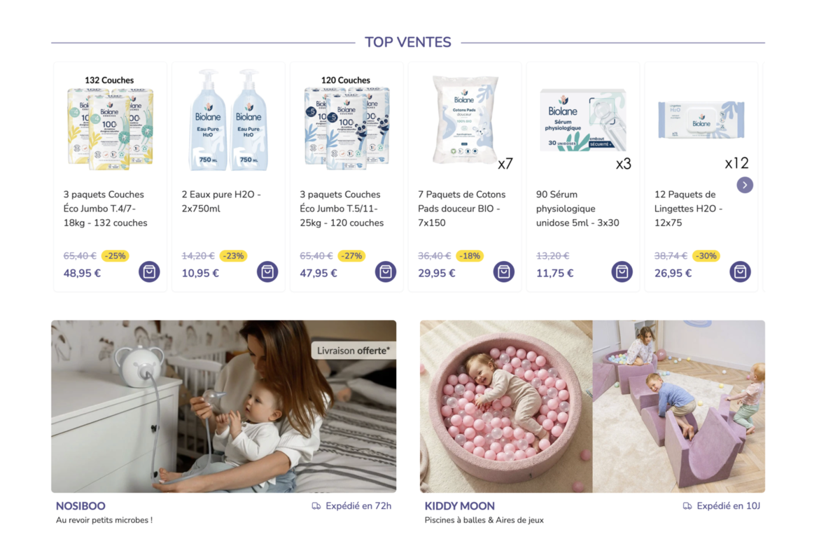 Top ventes Bebeboutik couches Biolane Tidoo cotons sérum physiologique