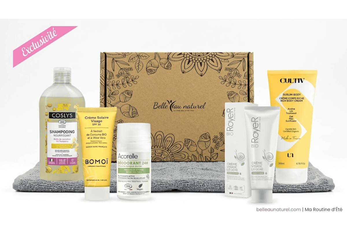 Belle au Naturel Coffret Rituel Détente Bio carton kraft 5 soins français Coslys shampooing Bomoï crème solaire Acorelle déodorant Royer crème visage Cultiv Sublim-Body crème corps serviette grise label Exclusivité