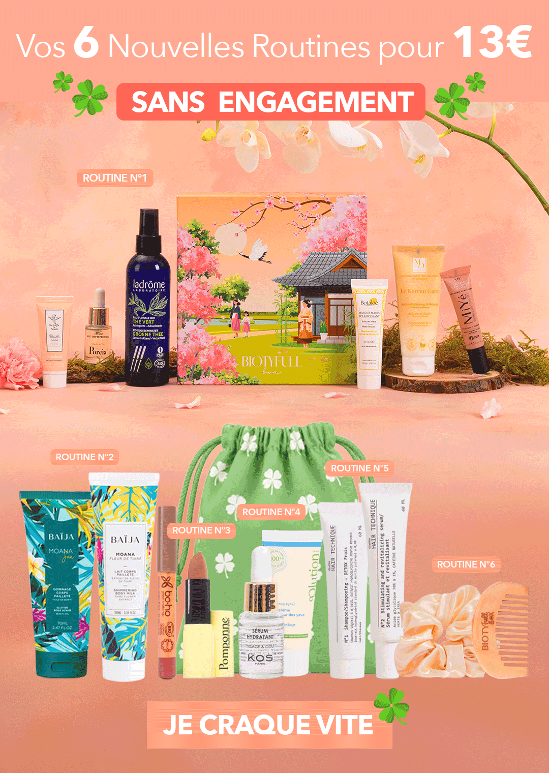 Les 6 routines BIOTYFULL Box et leurs 16 produits proposés pour 13 euros