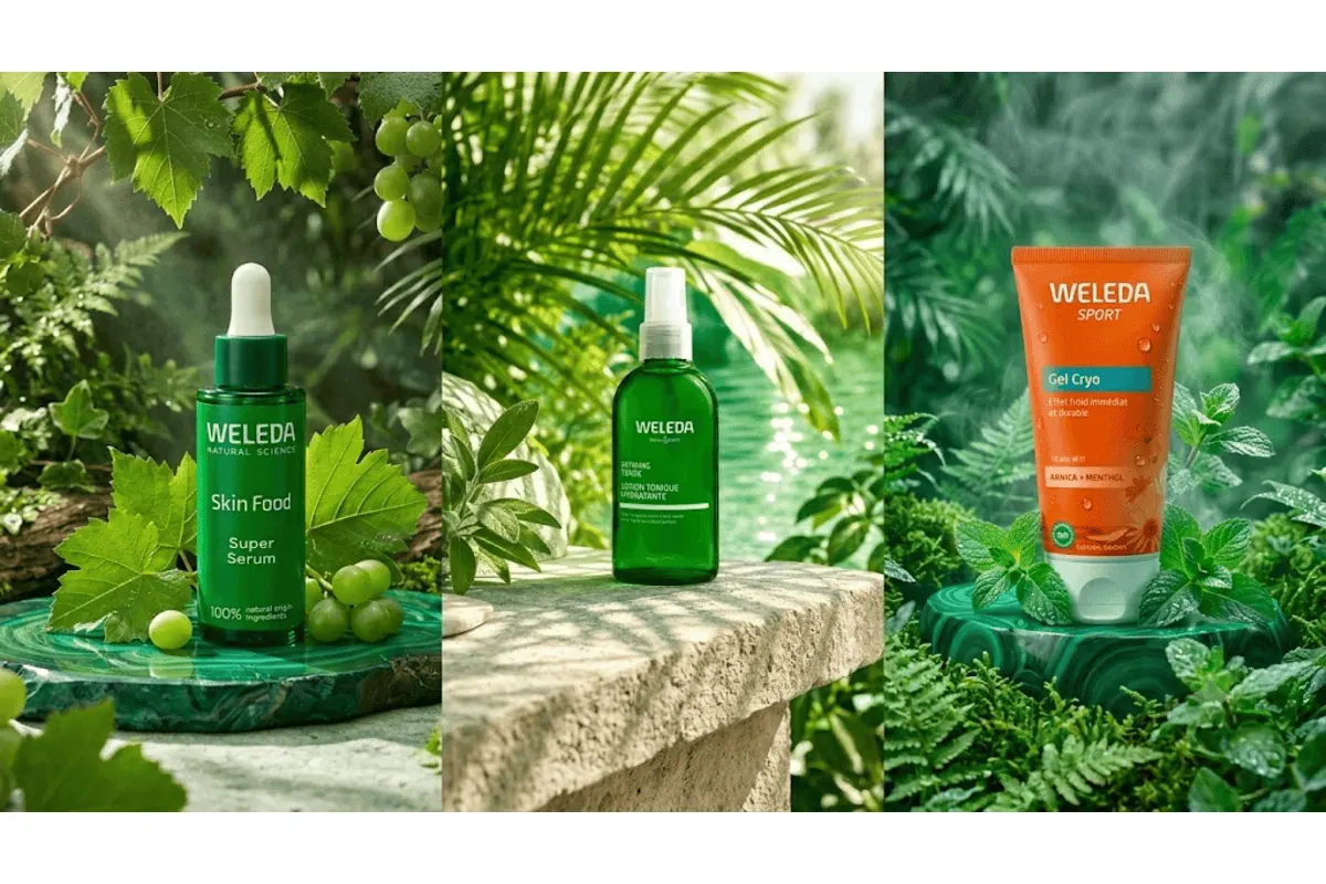 Nouvelle Routine Weleda Biotyfull juillet 2026 Super Serum Skin Food Lotion Tonique Hydratante et Gel Cryo à l'Arnica ambiance nature verte