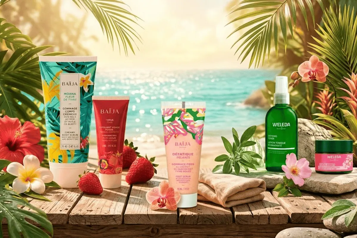 Édition limitée Biotyfull Box BAÏJA × WELEDA — 5 produits soin visage et corps présentés sur fond plage tropicale