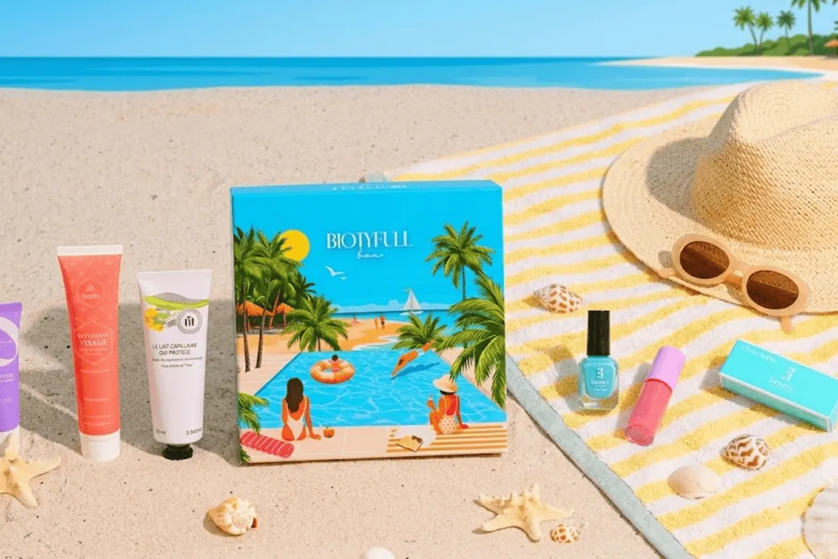 Biotyfull Box Été au Bord de l'Eau — coffret bleu plage avec 6 produits soin visage, corps, cheveux, solaire et ongles sur sable de plage