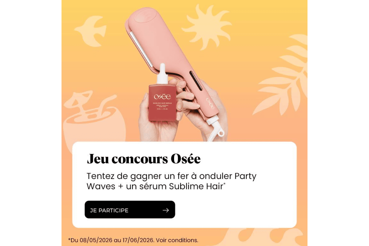 Concours Bleu Libellule Osée 2026 Battle : fer à onduler Party Waves rose et flacon Sublime Hair Serum Osée sur fond orange estival