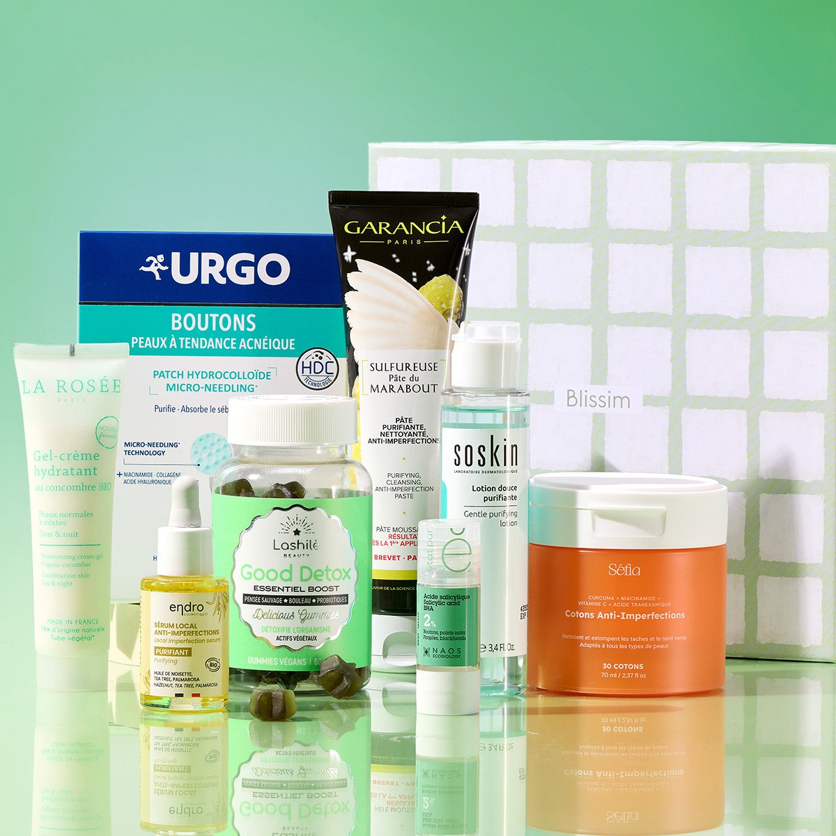 Édition limitée Blissim Ma solution anti-imperfections avec 8 produits Garancia, La Rosée, Endro, Etat Pur, Lashilé Beauty, Sefia, Urgo et Soskin