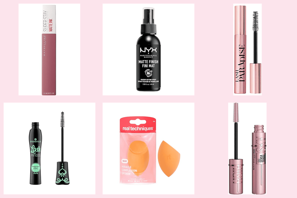 10 best-sellers beauté Amazon Maybelline SuperStay Matte Ink Sky High mascara NYX Setting Spray Matte L'Oréal Lash Paradise Essence Lash Princess Real Techniques Miracle Sponge grille rose pastel dès 5 euros