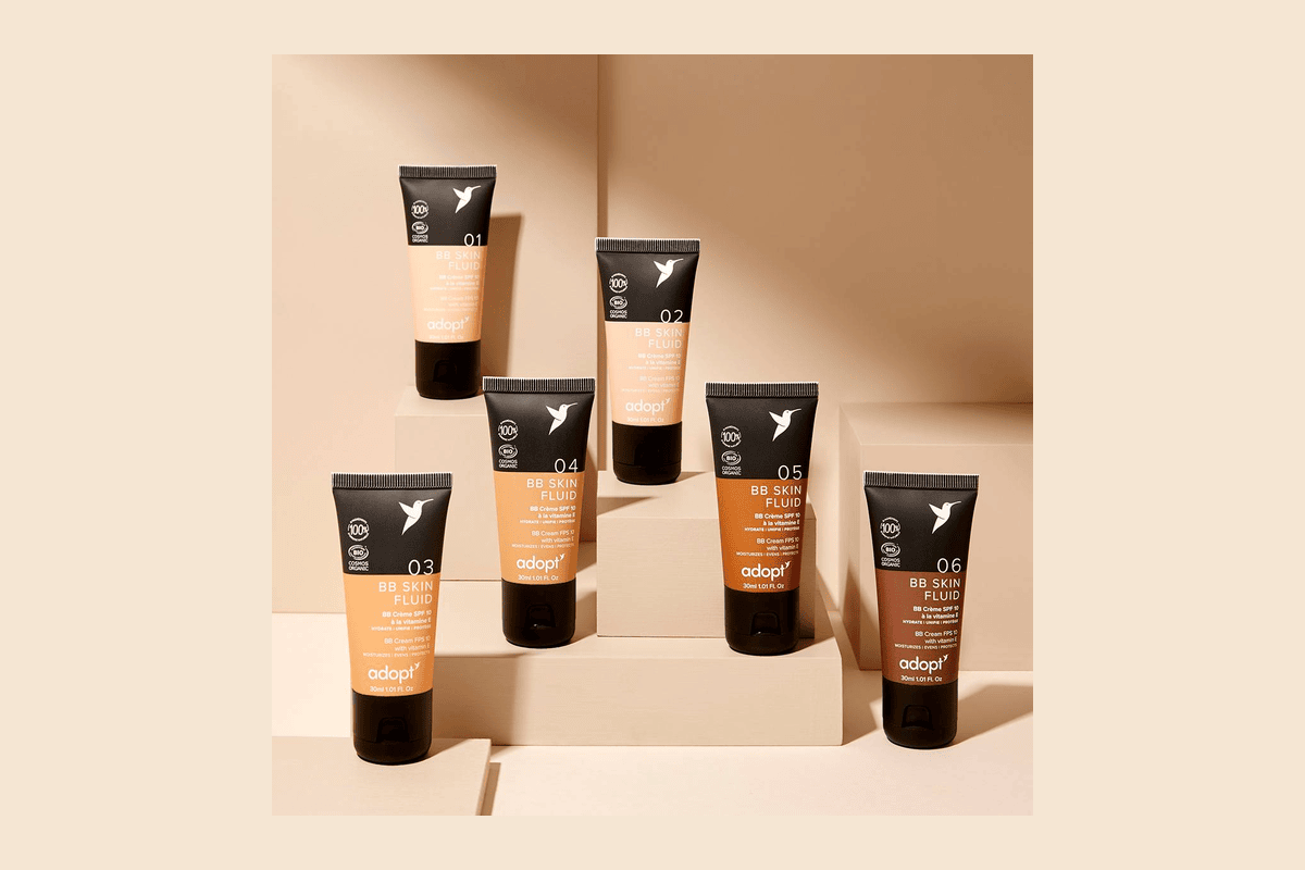 Adopt BB Skin Fluid BB crème 30 ml teinte 01 Porcelaine SPF 10 100 % origine naturelle vitamine E couvrance légère non comédogène vegan 3,28 euros -70 %