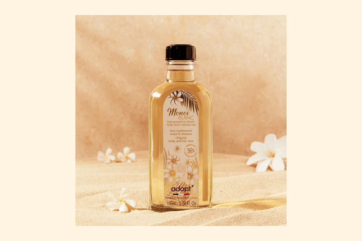 Adopt Monoï Blanc Pur monoï de Tahiti 100 ml huile nourrissante multi-usage corps cheveux pêche jasmin monoï muscs blancs vegan 7,47 euros -50 %