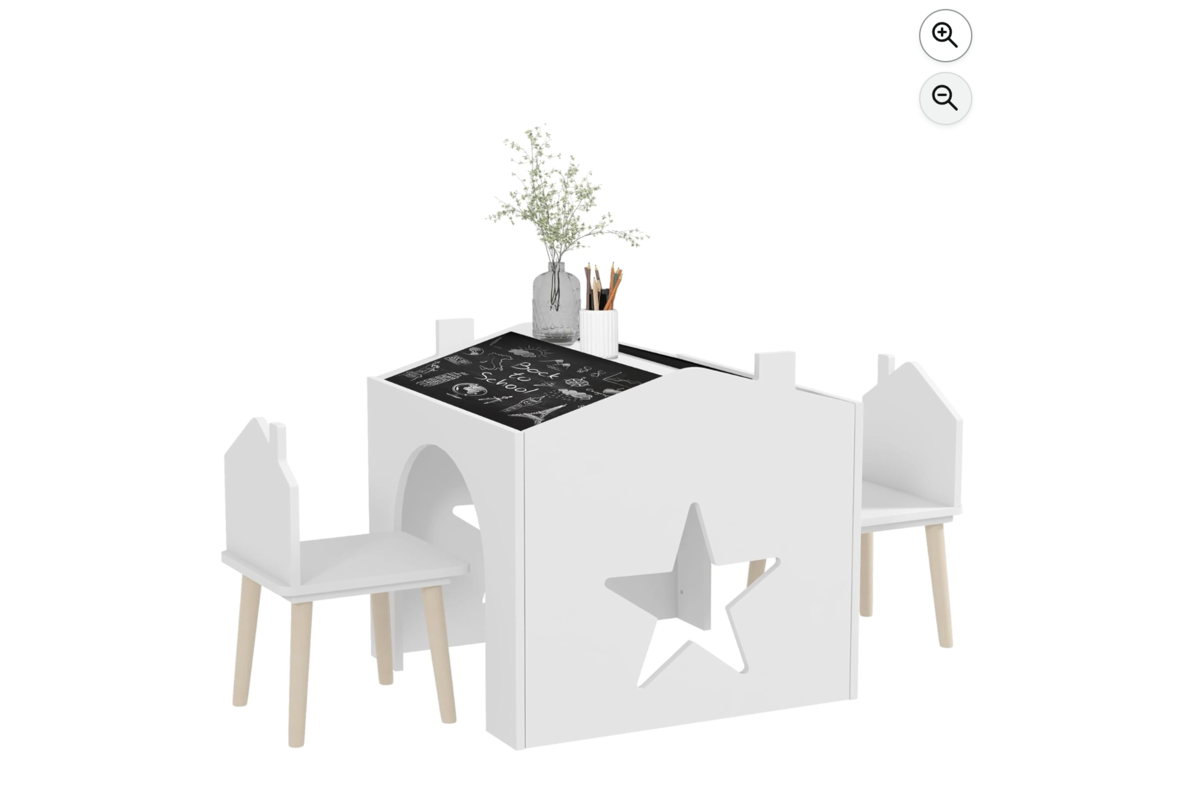Ensemble table et 2 chaises AIYAPLAY blanc avec plateau tableau noir pour enfants