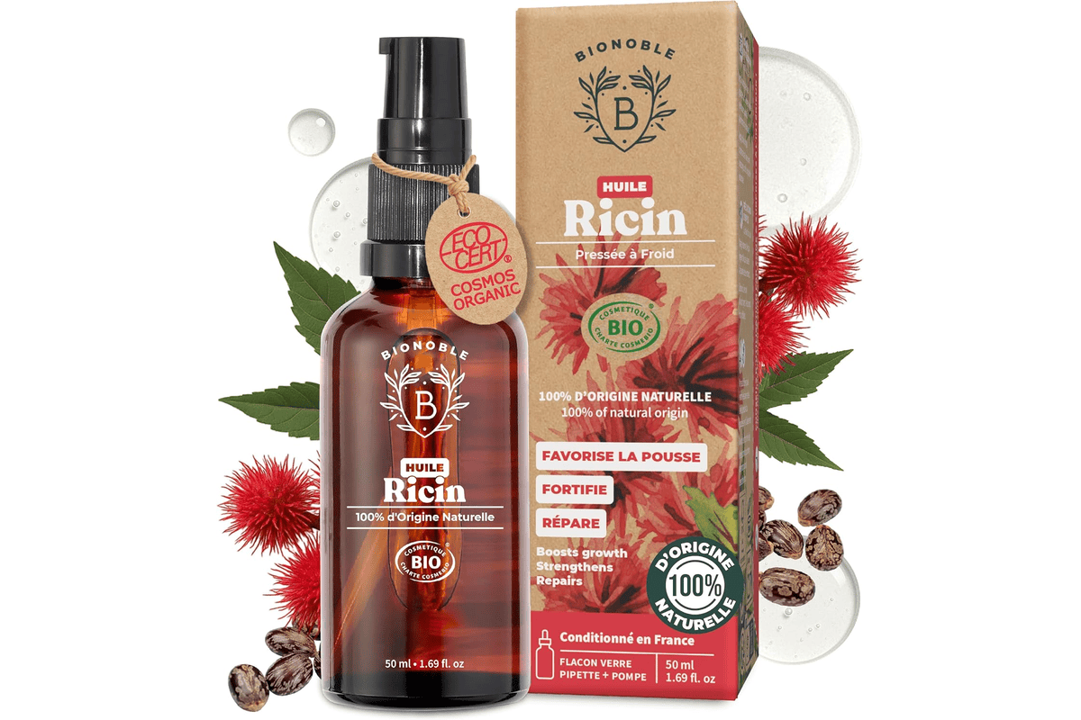 Bionoble huile de ricin bio pressée à froid 100 % naturelle 50ml pompe verre à 9,98 € sur Amazon
